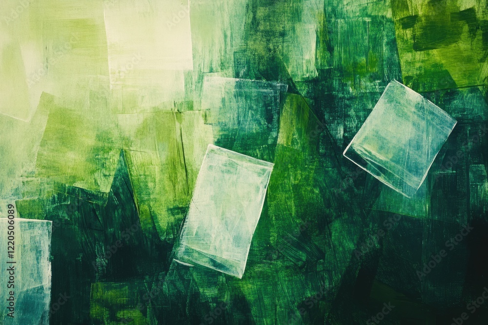 Poster abstract green and white painting with layered rectangular shapes and textured brushstrokes.