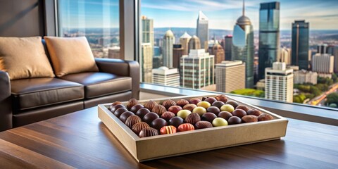A large box of assorted chocolates sitting on a modern coffee table in front of a large window with a beautiful city view outside , dessert display, cityscape