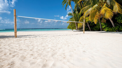 serene beach volleyball court surrounded by palm trees and soft sand