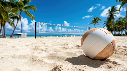 Obraz premium beach volleyball court with ball on sandy shore and palm trees