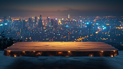 Wooden table sunrise over the city