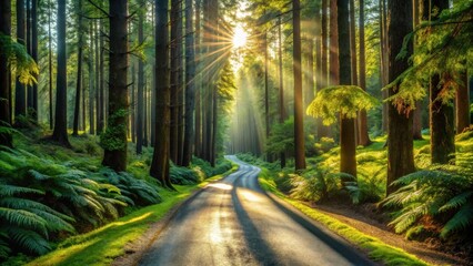 Sunlit Forest Road with Lush Greenery and Tall Trees