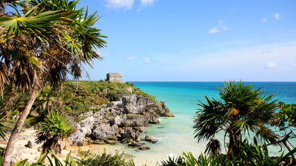 Beach and temple of Tulum in Mexico