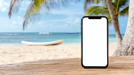 blank mobile phone on beach with surfboard in background