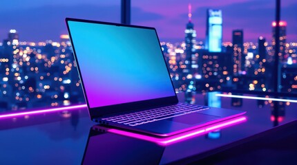 Neon Gradient Laptop, Futuristic Workspace, Reflective Glass Desk