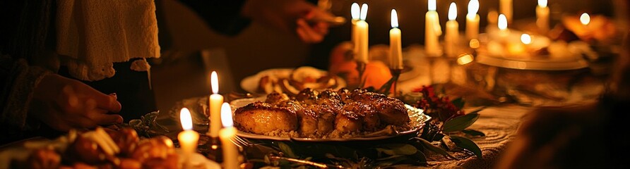 a family celebrating a holiday dinner with candles and traditional foods, warmth and joy,