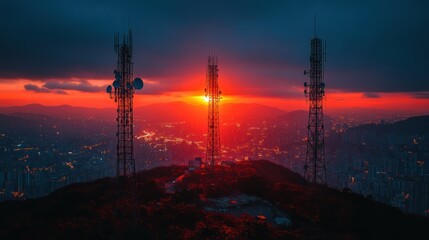 Crimson Sunset Over Urban Skyline with Communication Towers