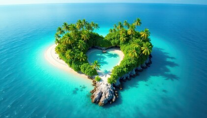 Heart-shaped island with turquoise lagoon and swaying palm trees, lagoon, palm tree, serene
