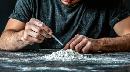 Obraz premium Close-Up of Person Take drugs Heroin on Wooden Table with Focused Attention in a Dimly Lit Environment
