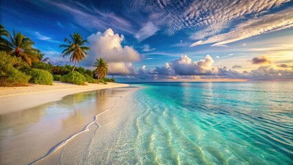 A beach with crystal-clear turquoise waters and powdery white sand at sunset, sunset, tropical, sunset