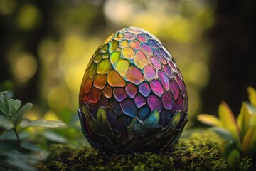 Colorful decorative egg resting on moss amidst lush greenery in a tranquil forest setting