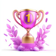 3D icon cartoon victory trophy with a number one badge isolated on a white background --quality 2