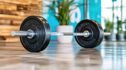 close up of barbell on gym floor, showcasing strength and fitness