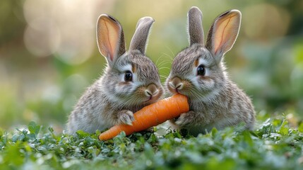 Fototapeta premium Two bunnies sharing carrot, spring meadow, bokeh background, Easter card