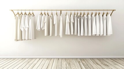Minimalist white clothing on wooden rack, bright room, simple background, for fashion websites