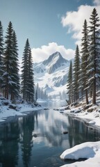 A snow-covered mountain range with a frozen lake and pine trees, snowy mountain range, winter landscape, peaceful atmosphere