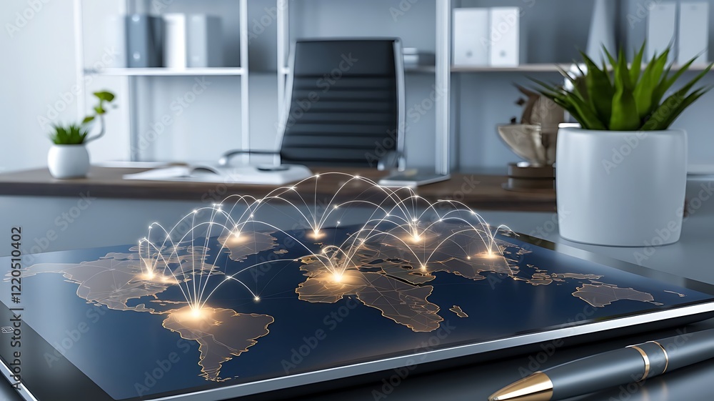 Poster global network on tablet: a digital world map displayed on a tablet, showcasing glowing nodes connec