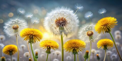 Obraz premium A field of vibrant yellow dandelions and fluffy white seed heads backlit by a soft sunlit haze