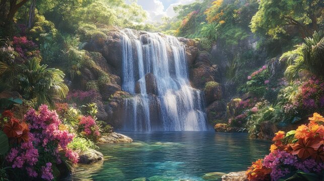 Lush Tropical Waterfall Cascading into Serene Pool