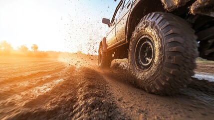Off-Road Truck Kicking Up Mud and Dust in Sunlight