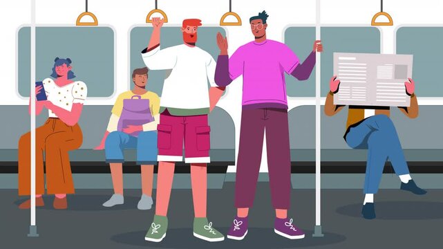 Metro Train Commuters Interacting Flat Avtar Art Stock Animation Scene