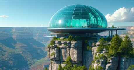 Obraz premium Massive glass observation dome on the edge of a towering cliff offering a panoramic view of an untouched valley with a futuristic structure blending into the rugged landscape