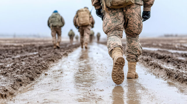 Soldiers marching through muddy terrain, showcasing determination and resilience