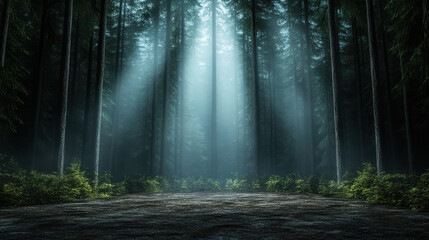 Obraz premium serene dark forest with beams of light filtering through tall trees, creating mystical