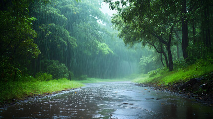 peaceful forest scene where heavy rain falls, forming puddles and mist that enhances nature's beauty on a rainy day