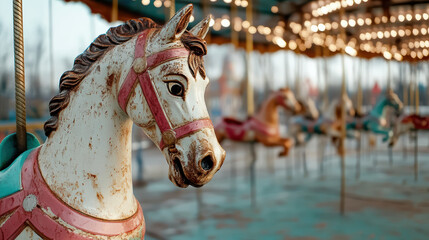 Decayed carousel horse in abandoned amusement park, evoking nostalgia