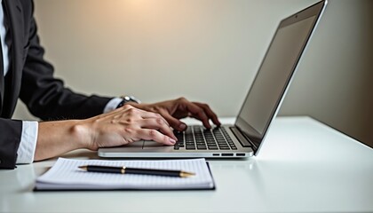Professional email setup with a person drafting an email on a sleek laptop at a clean desk