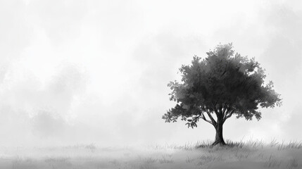 Obraz premium A minimalist sketch of a solitary oak tree in a vast open field, the soft gradient of twilight in the background, detailed bark textures