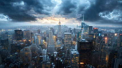 dramatic cityscape featuring skyscrapers under stormy sky