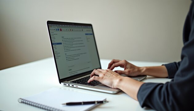 Professional email setup with a person drafting an email on a sleek laptop at a clean desk
