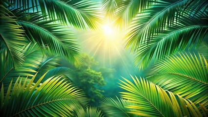 Fototapeta premium Lush Tropical Paradise Sunlit Palm Fronds Framing a Vibrant Jungle Scene