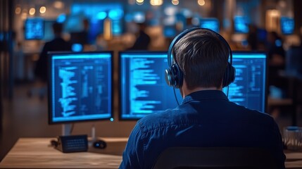 Focused Programmer in High-Tech Workspace