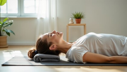 Relaxation therapy moment with a person lying on a yoga mat in a bright minimalist studio