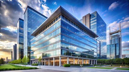 A company's headquarters with a modern building and a city skyline in the background, company headquarters, architecture
