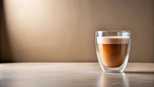 Aromatic double-walled glass filled with a creamy caffeinated beverage sits on a smooth surface against a neutral background.