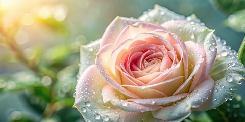 Damask rose with dew-kissed petals and delicate water droplets clinging to its soft white skin, floral, botanical