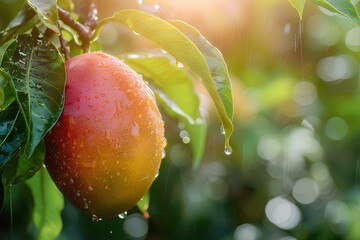 A mango hanging from a tree in the rain