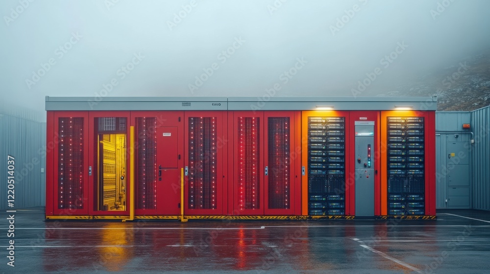 Poster brightly colored data storage container in a misty landscape with surrounding industrial elements