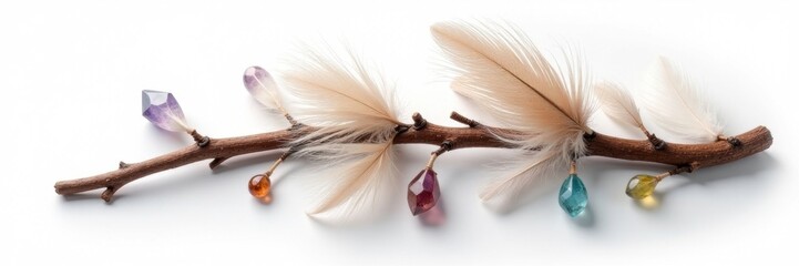 Feathers and crystals entwined around a wooden branch on a white background, decor, organic, branches