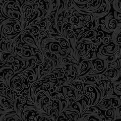 Elegant black seamless pattern with intricate floral swirls and paisley motifs