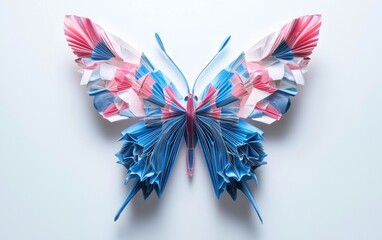 Fototapeta premium A colorful blue and pink 3D origami butterfly with intricate layered wings, hovering gracefully on a clean white backdrop