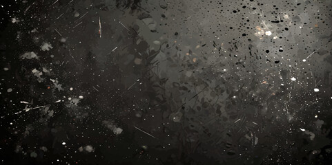 Abstract black distressed concrete wall white particles over isolated black background.