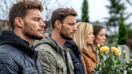 Fototapeta premium group of people standing in silence at gravesite, reflecting on loss