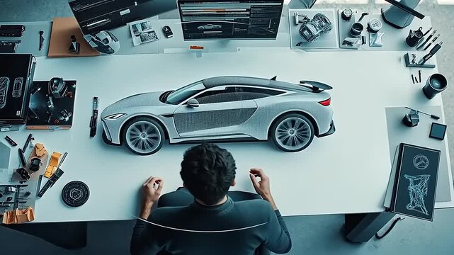Automotive Design:  Engineer Creating a Futuristic Sports Car using Advanced 3D Modeling Software