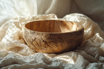 Fototapeta premium Carved wooden bowl resting on soft fabric with subtle natural light illuminating its intricate design