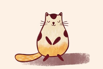 Cute cartoon cat sitting calmly with eyes closed, showcasing a relaxing and whimsical design style